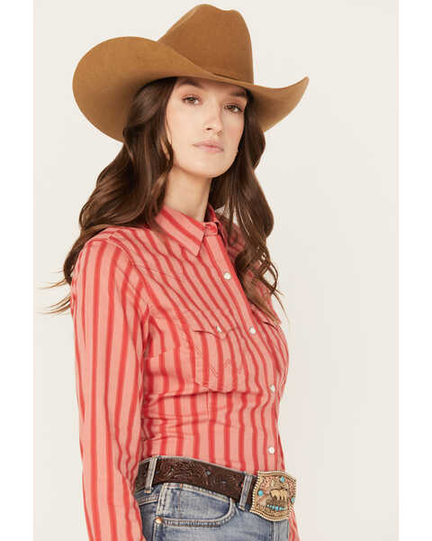 Image #2 - Wrangler Women's Striped Long Sleeve Western Pearl Snap Shirt, Red, hi-res