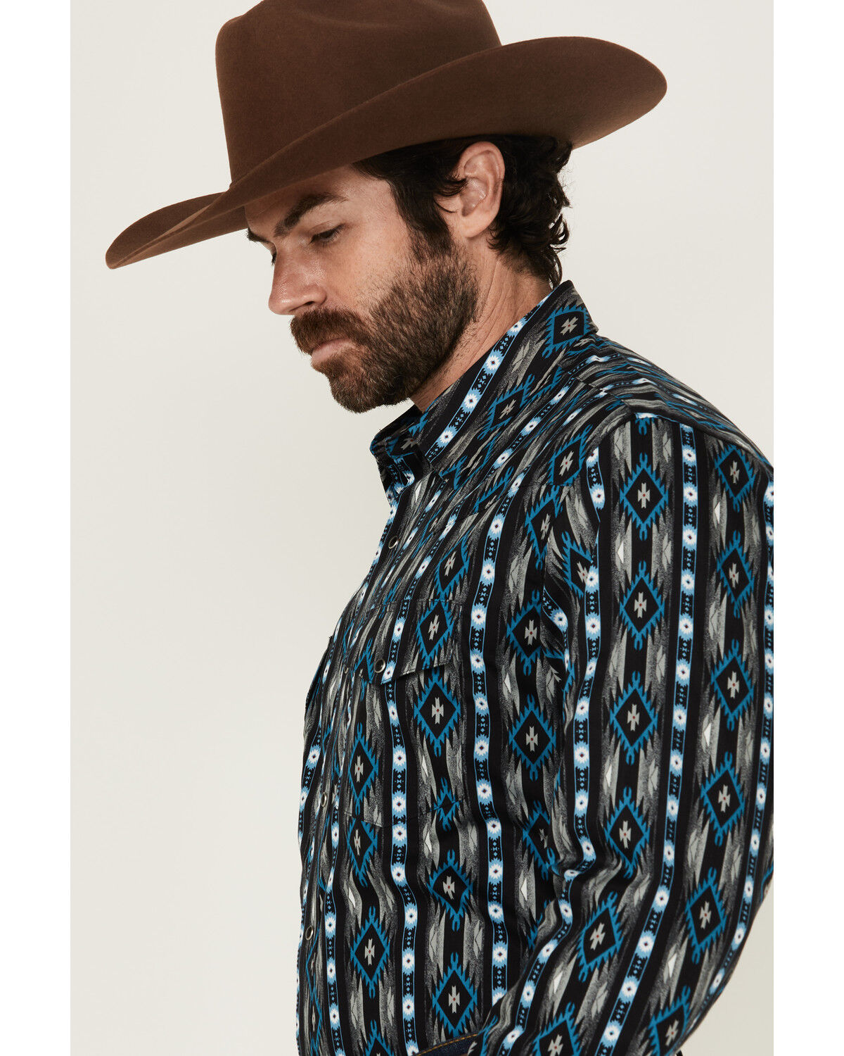 Image #2 - Wrangler Men's Checotah Southwestern Striped Long Sleeve Pearl Snap Western Shirt, Black, hi-res