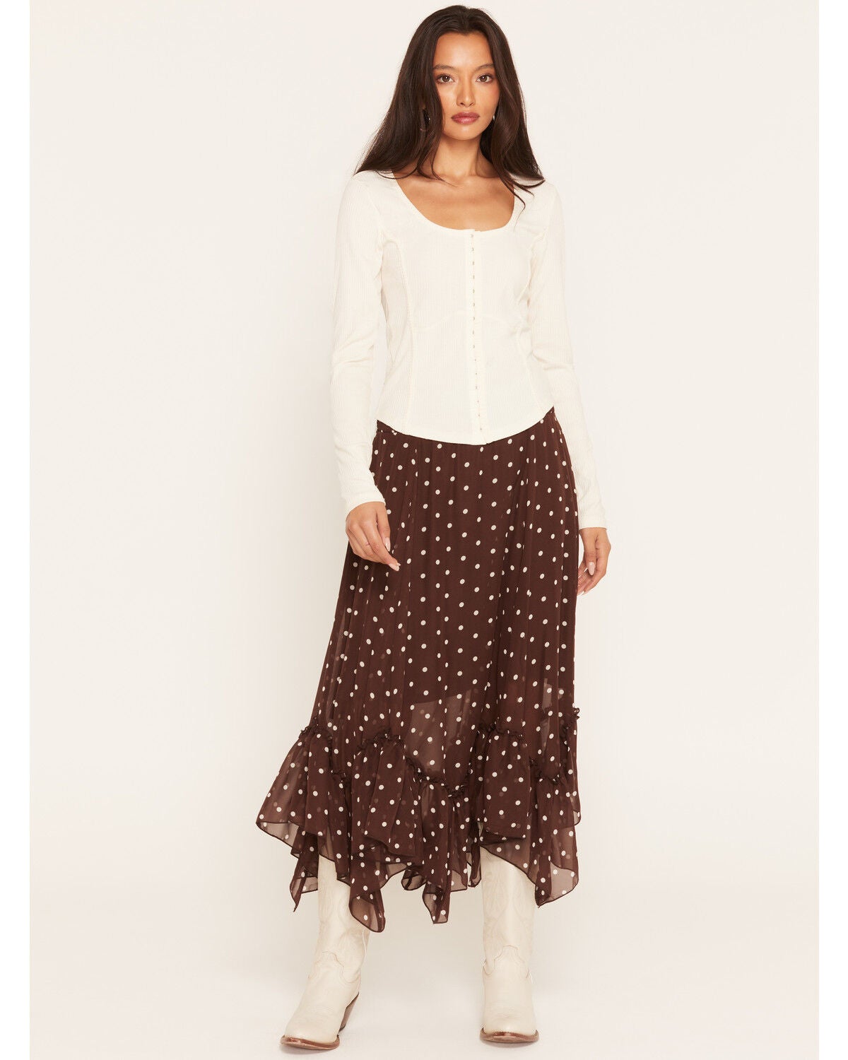 Image #1 - Wild Moss Women's Polka Dot Ruffle Midi Skirt, Brown, hi-res