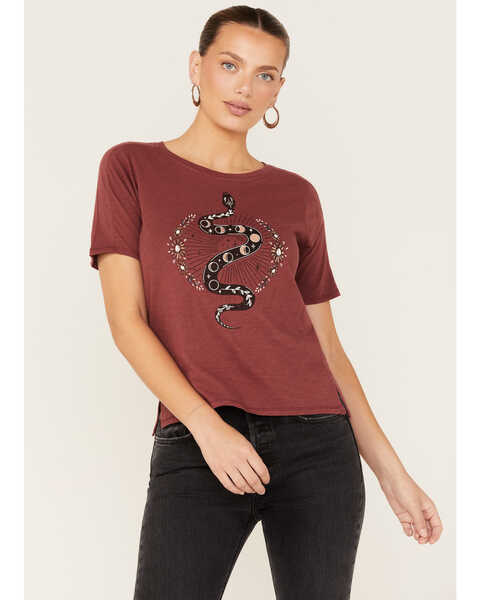 Image #1 - Shyanne Women's Celestial Snake Graphic Tee, Wine, hi-res