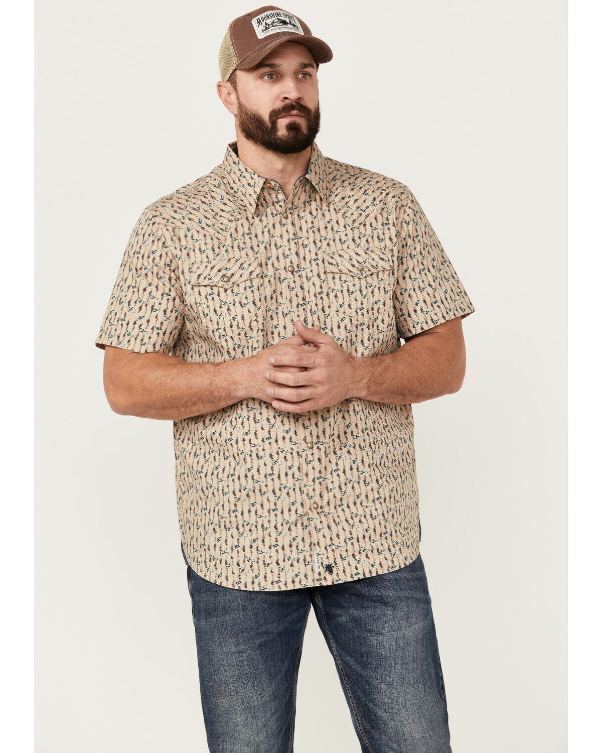 Moonshine Spirit&reg; Men's Vinyl Printed Short Sleeve Snap Western Shirt, Tan, hi-res