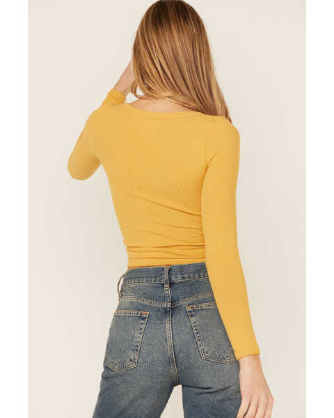 Image #3 - Wild Moss Women's Solid Long Sleeve Raw Edge Ribbed Knit Top, Mustard, hi-res