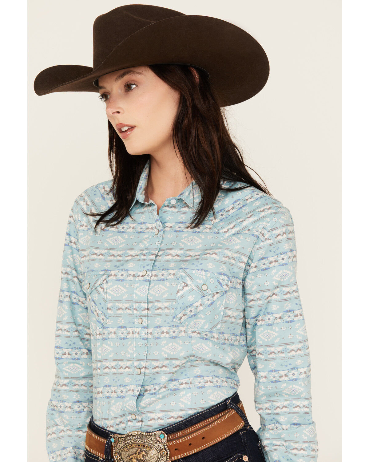 Image #2 - Rough Stock Women's Southwestern Print Long Sleeve Pearl Snap Stretch Western Shirt, Turquoise, hi-res