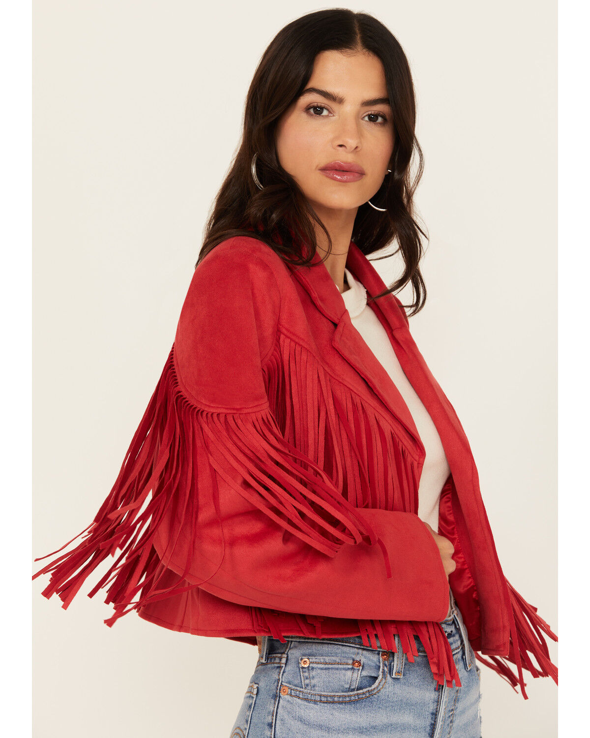 Image #2 - Saints & Hearts Women's Faux Suede Cropped Fringe Jacket, Red, hi-res