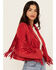 Image #2 - Saints & Hearts Women's Faux Suede Cropped Fringe Jacket, Red, hi-res