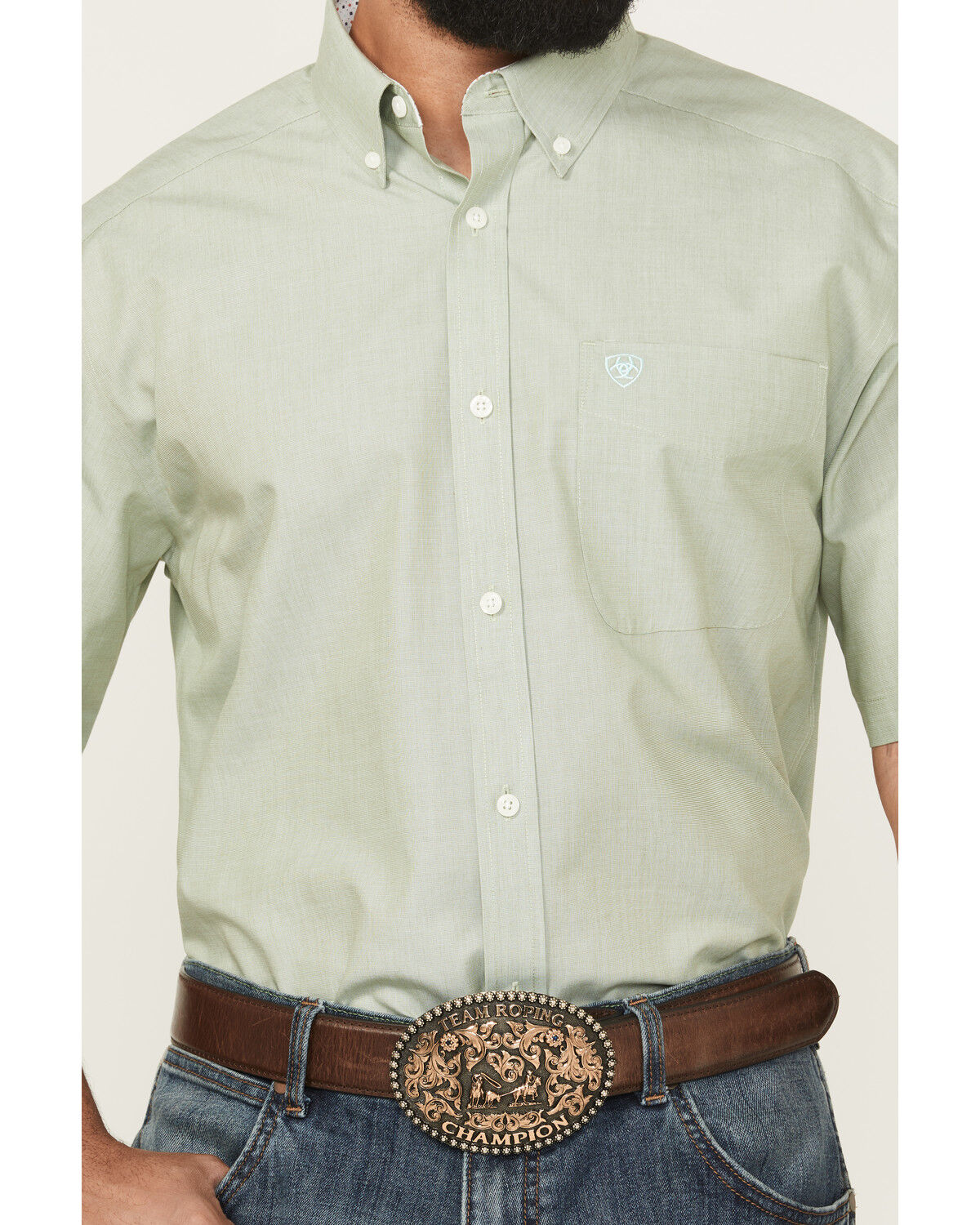 Image #3 - Ariat Men's Wrinkle Free Solid Short Sleeve Button-Down Western Shirt, Sage, hi-res