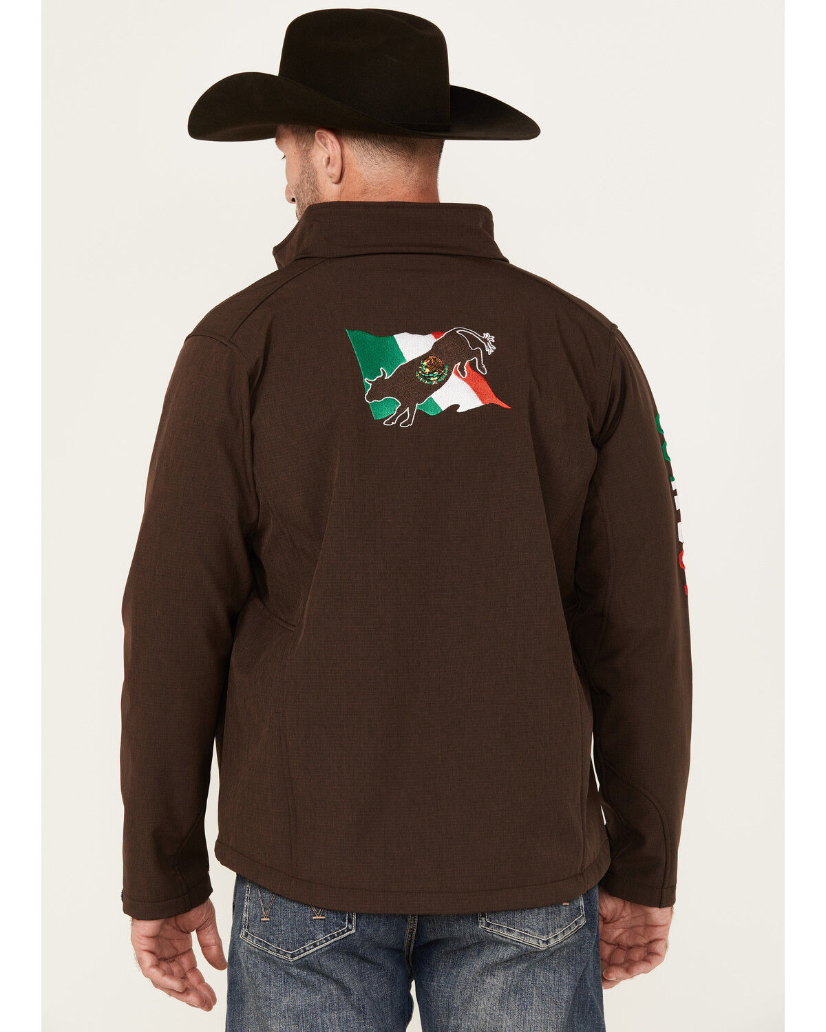Image #4 - Cowboy Hardware Men's Mexico Flag Bull Softshell Zip Jacket, Chocolate, hi-res