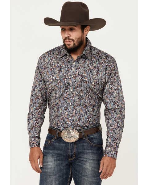 Image #1 - Rough Stock by Panhandle Men's Paisley Print Long Sleeve Snap Stretch Western Shirt, Navy, hi-res