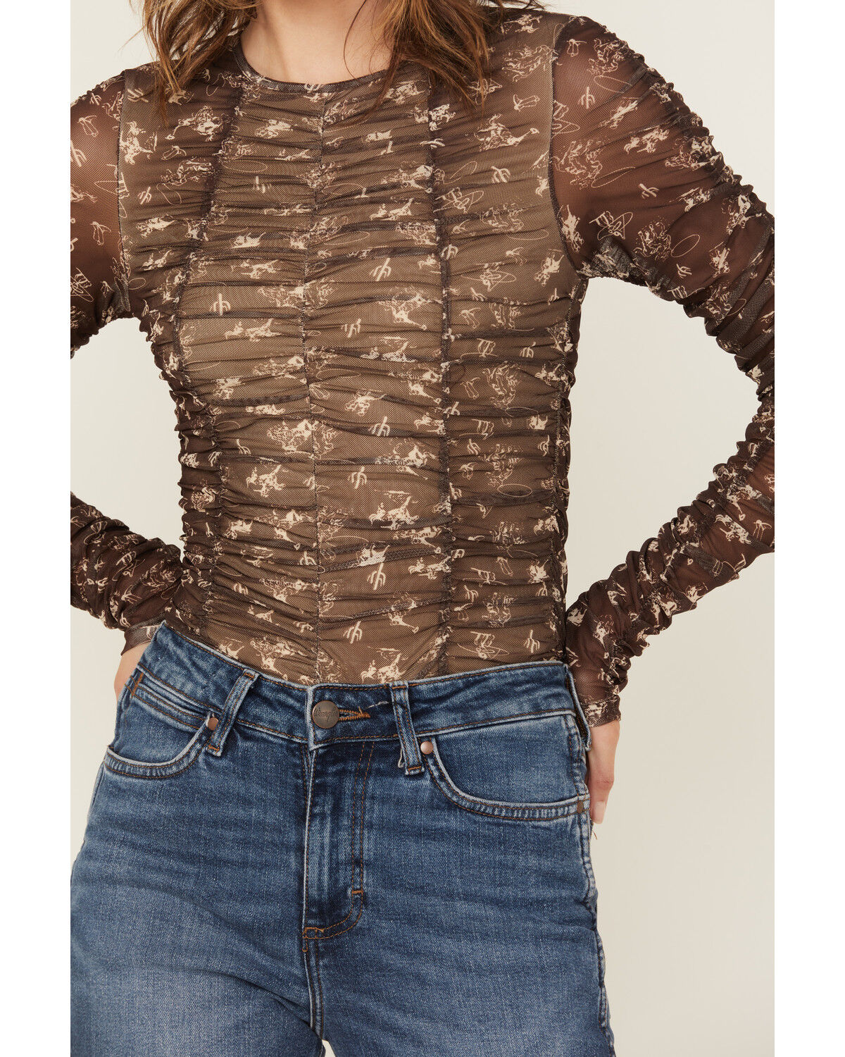Image #3 - Blue B Women's Conversation Print Mesh Long Sleeve Shirt, Brown, hi-res