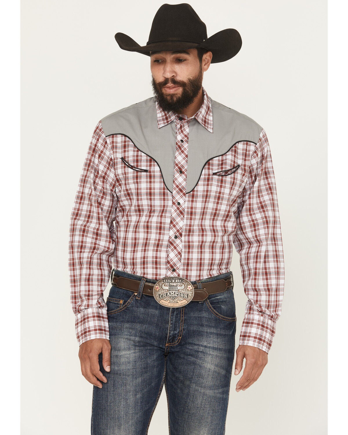 Roper Men's Plaid Print Embroidered Long Sleeve Snap Stretch Western Shirt, Red, hi-res