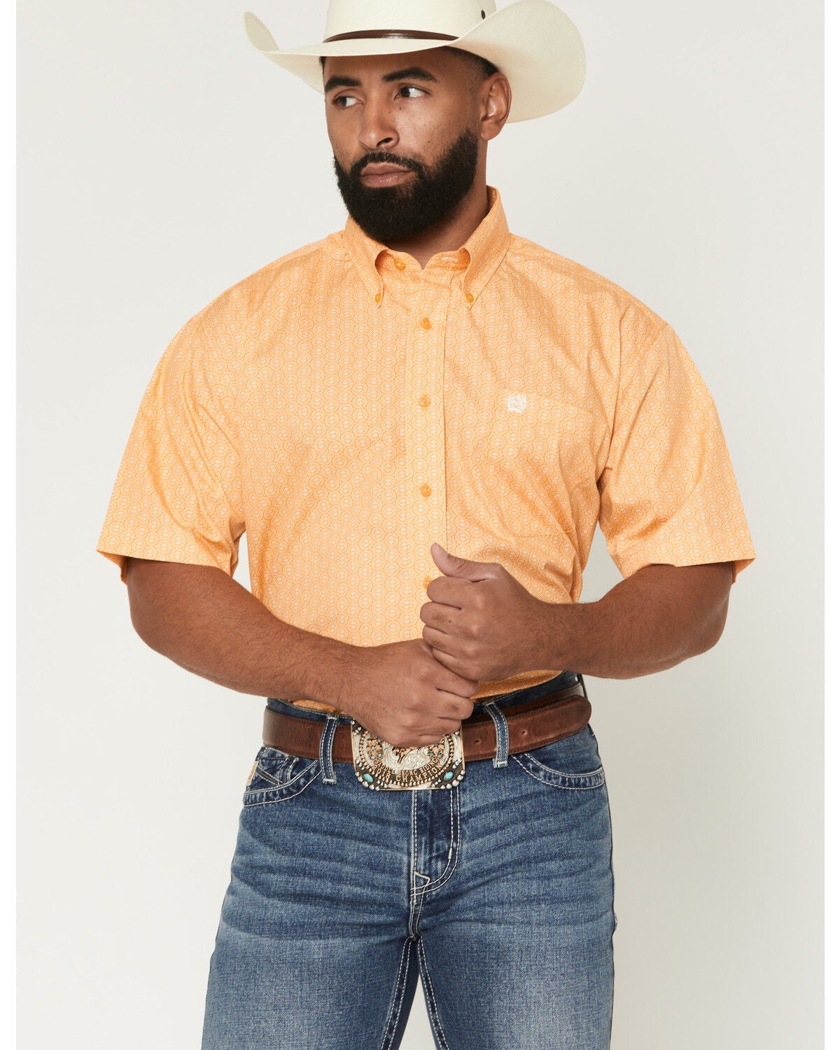 Cinch Men's Boot Barn Exclusive Geo Print Short Sleeve Button-Down Western Shirt, Gold, hi-res