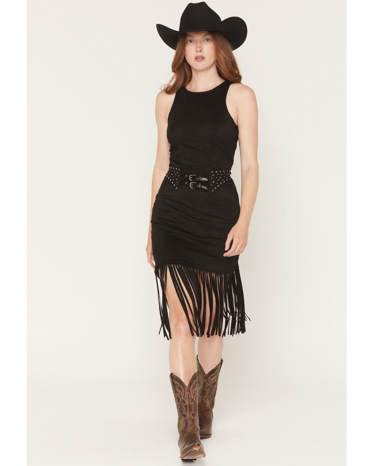 Rock & Roll Denim Women's Faux Suede Fringe Belted Sleeveless Midi Dress, Black, hi-res