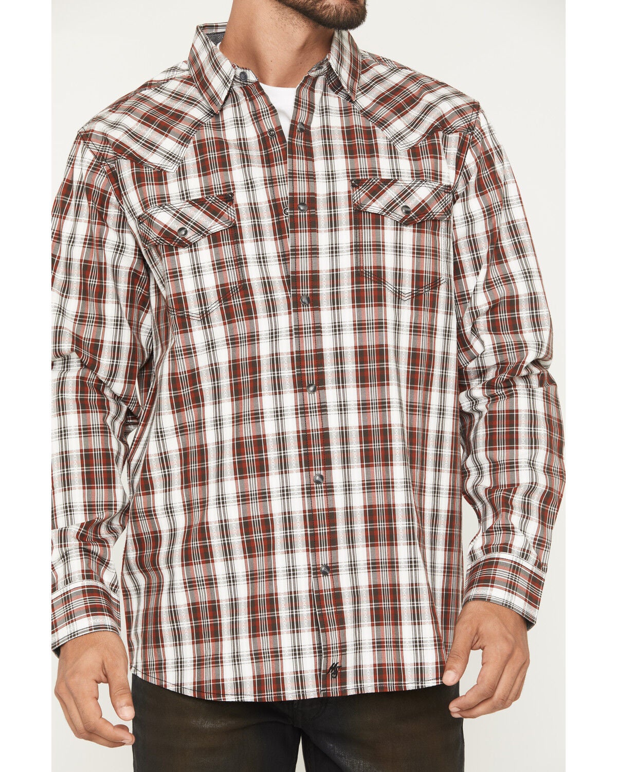Image #3 - Moonshine Spirit&reg; Men's Red Tail Hawk Dobby Plaid Print Long Sleeve Snap Western Shirt, White, hi-res