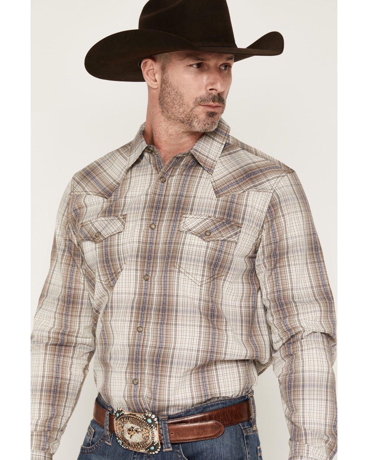 Image #2 - Cody James Men's Legend Dobby Plaid Print Long Sleeve Snap Western Shirt, Brown, hi-res