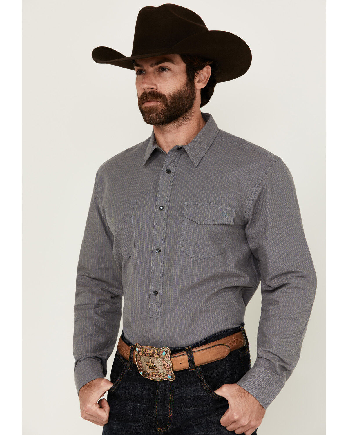 Image #2 - Blue Ranchwear Men's Grayson Striped Long Sleeve Pearl Snap Western Shirt, Indigo, hi-res