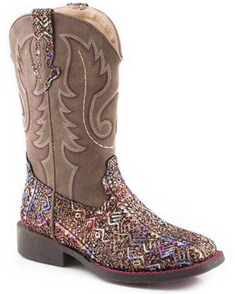 Roper Little Girls' Glitter Southwestern Western Boots - Square Toe, Brown, hi-res
