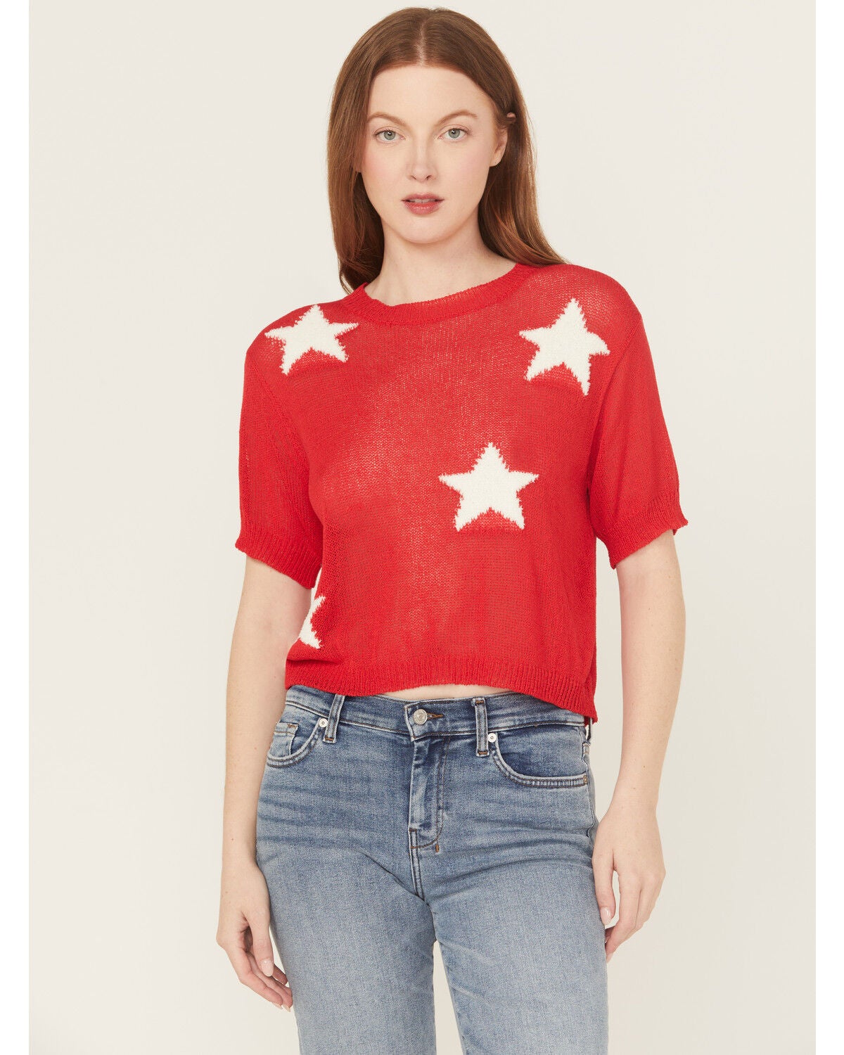 Rock & Roll Denim Women's Star Short Sleeve Sweater Tee, Red, hi-res
