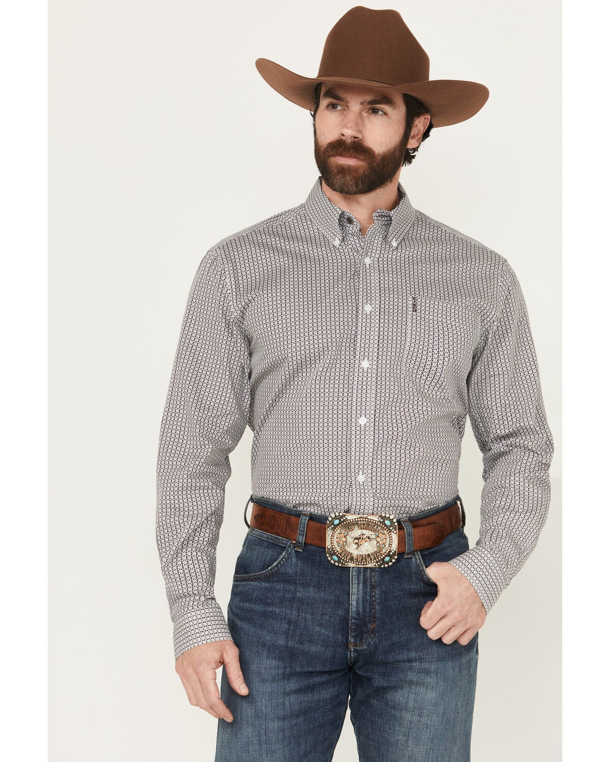 Cinch Men's Geo Print Modern Fit Long Sleeve Button-Down Western Shirt, White, hi-res