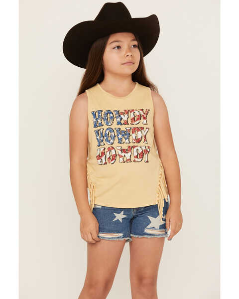 Rock & Roll Denim Girls' Howdy Americana Fringe Graphic Tank, Yellow, hi-res