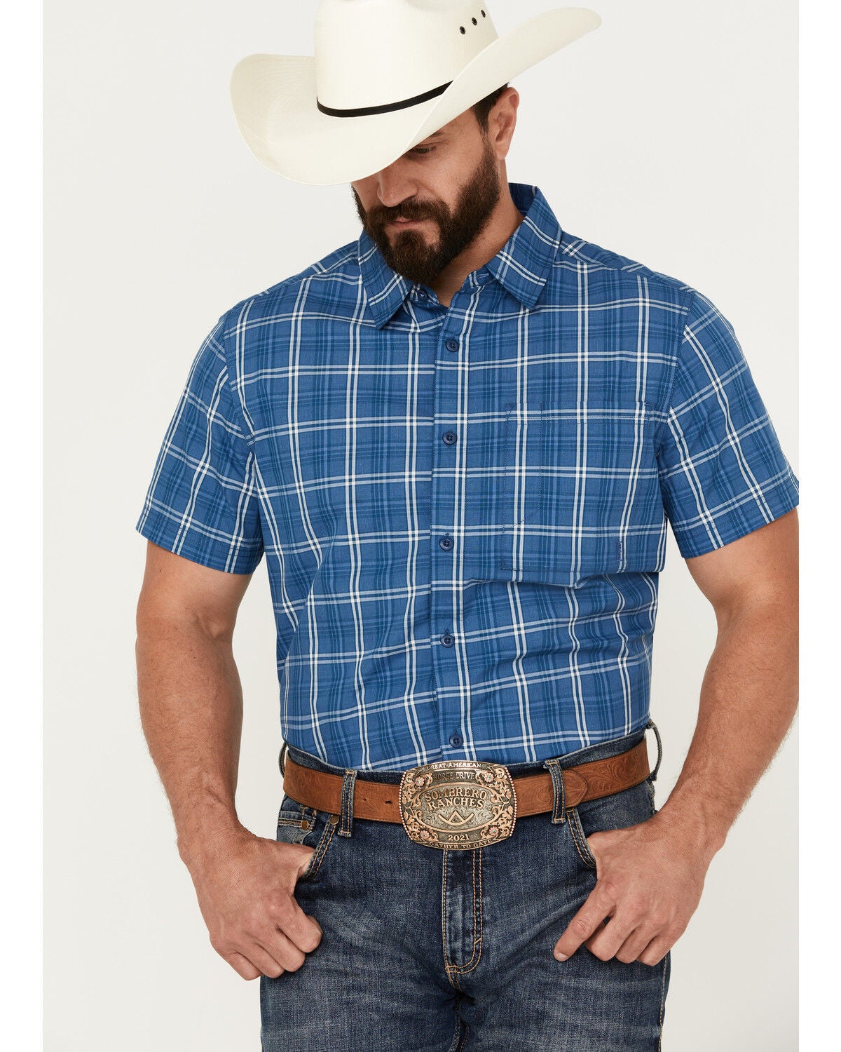 Brothers and Sons Men's Cordell Plaid Print Short Sleeve Button-Down Western Shirt, Dark Blue, hi-res