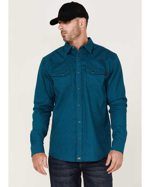 Image #1 - Cody James Men's FR Geo Print Long Sleeve Snap Work Shirt , Blue, hi-res