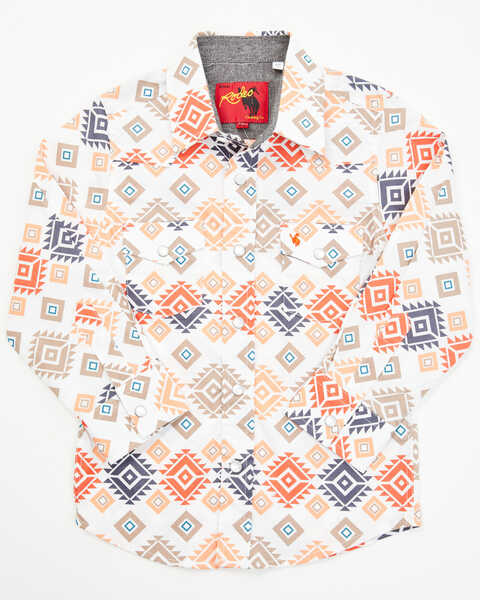 Rodeo Clothing Little Boys' Geo Print Long Sleeve Snap Western Shirt , White, hi-res