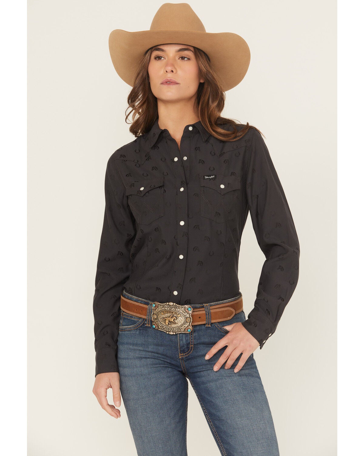 Wrangler Retro Women's Horseshoe Print Long Sleeve Snap Western Shirt, Black, hi-res