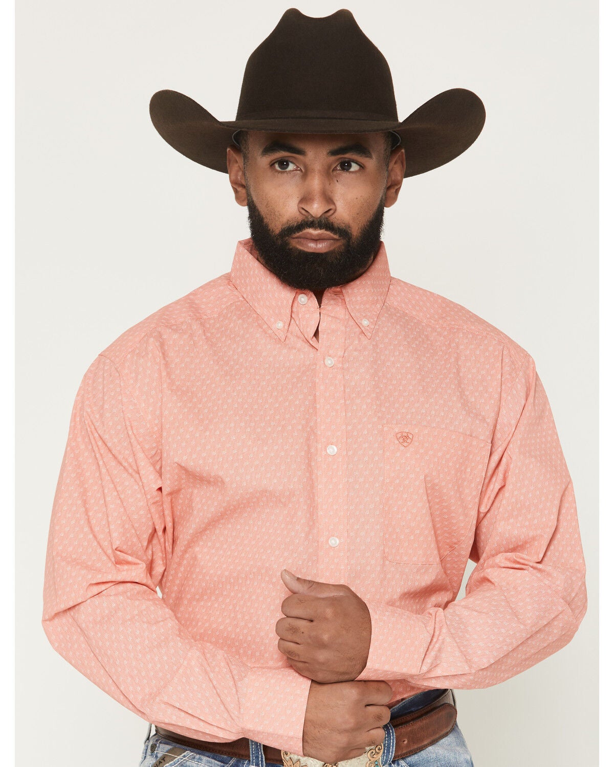 Ariat Men's Jerry Speckled Print Long Sleeve Button-Down Western Shirt, Coral, hi-res
