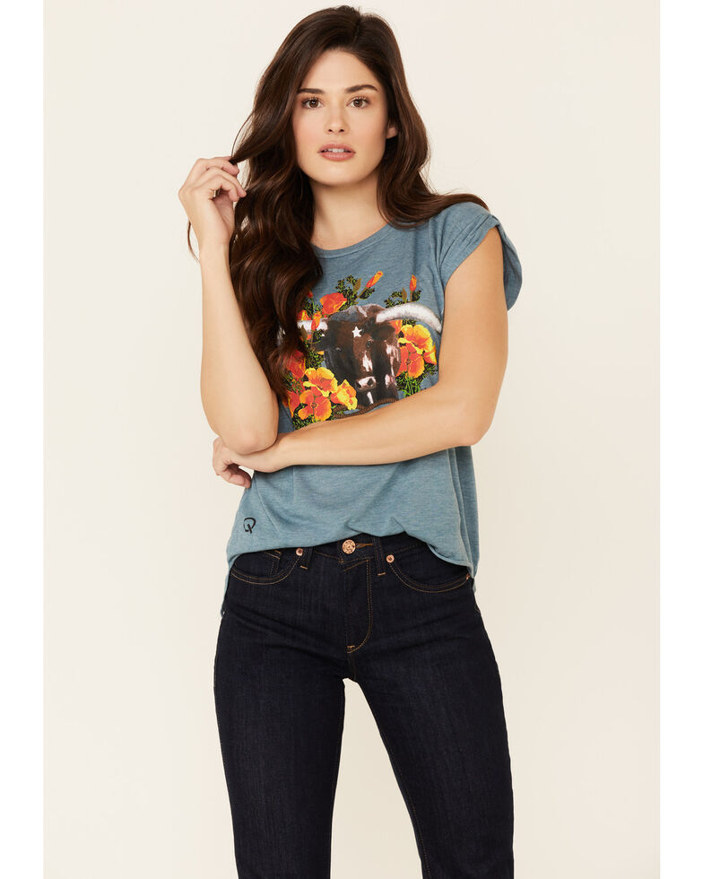 Rodeo Quincy Women's Poppy The Steer Graphic Short Sleeve Tee , Blue, hi-res