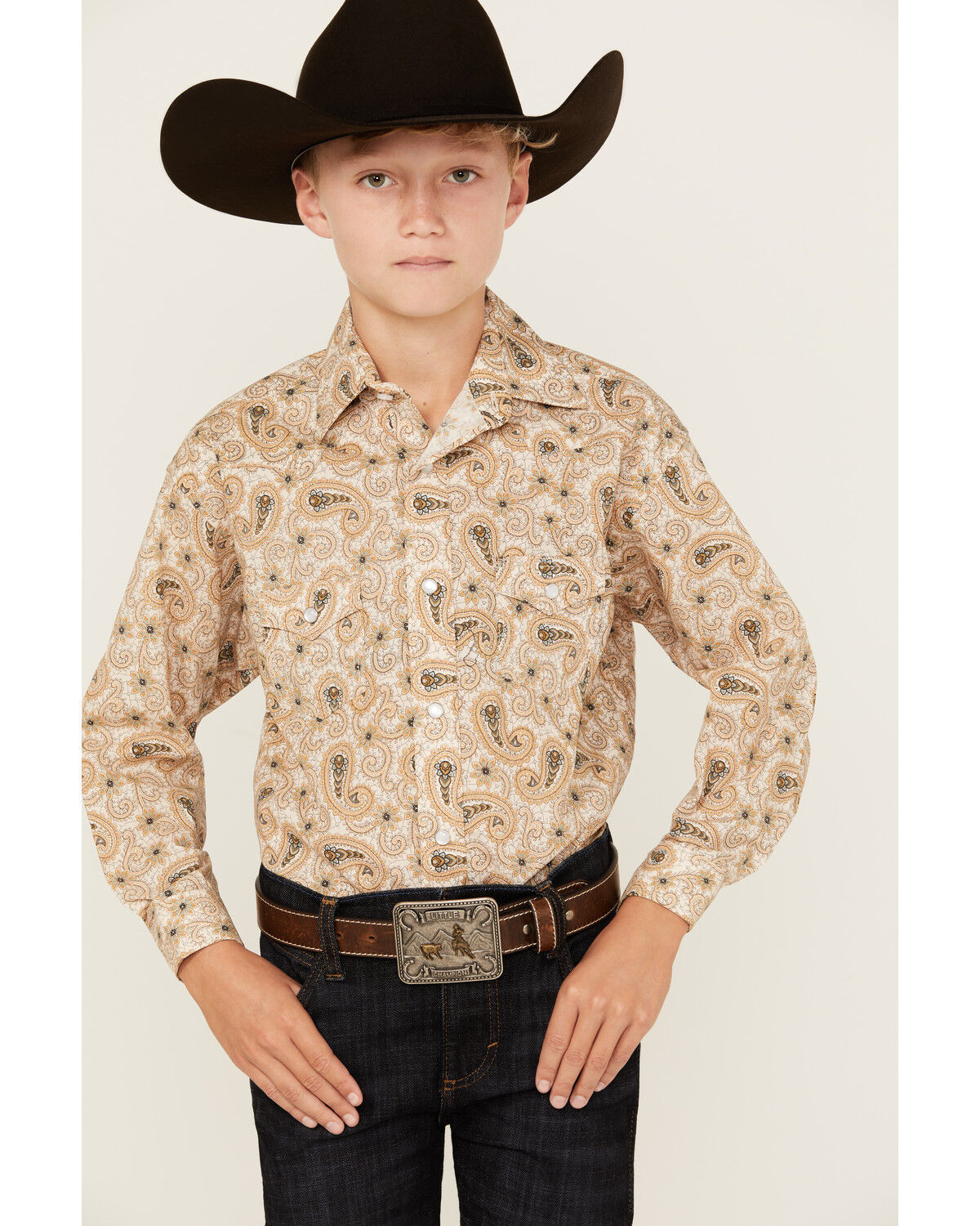 Image #1 - Rock & Roll Denim Boys' Paisley Print Long Sleeve Vintage Pearl Snap Western Shirt, Tan, hi-res