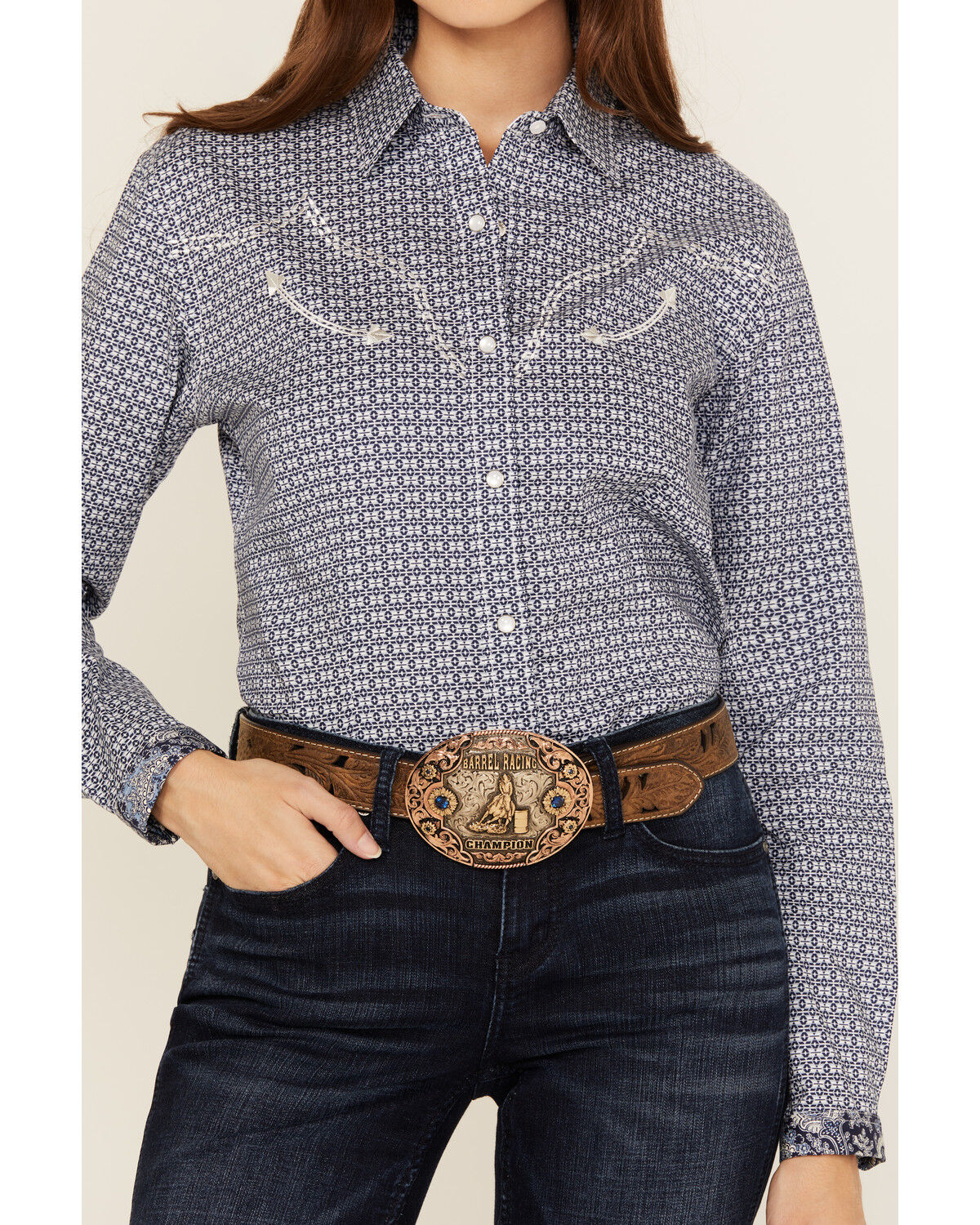 Image #3 - Panhandle Women's Geo Print Long Sleeve Snap Stretch Western Shirt, Navy, hi-res