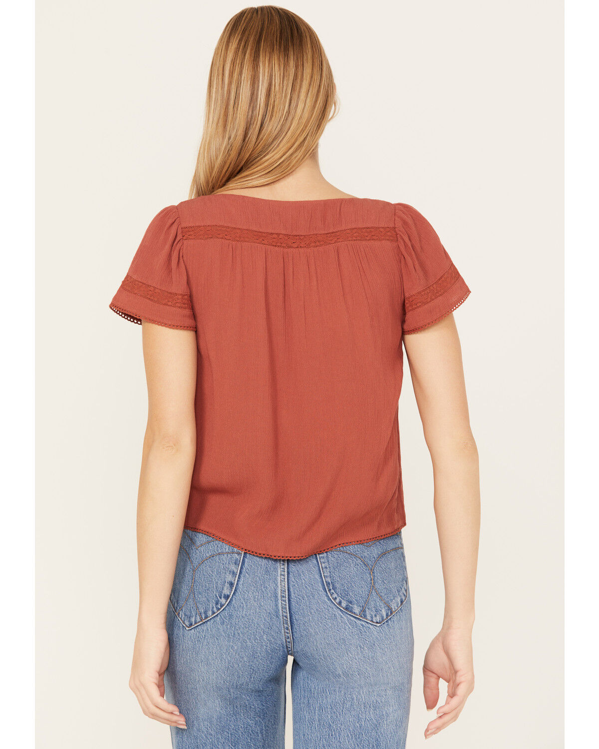 Image #4 - Jolt Women's Button Front Square Neck Peasant Top, Rust Copper, hi-res