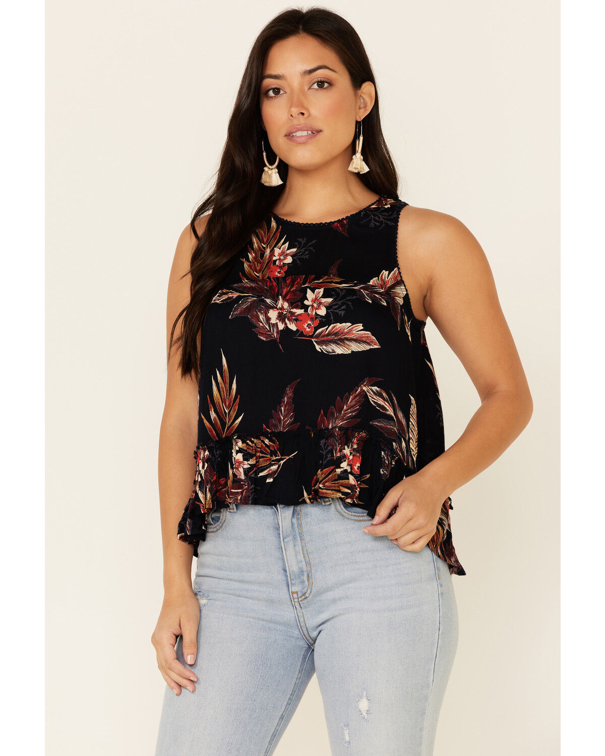 Image #1 - Patrons Of Peace Women's Floral Print Ruffle Trim Tank Top, Black, hi-res