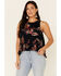 Image #1 - Patrons Of Peace Women's Floral Print Ruffle Trim Tank Top, Black, hi-res