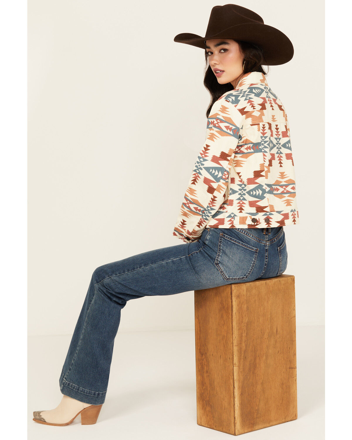 Image #1 - Wrangler Women's Southwestern Print Cropped Denim Jacket, , hi-res