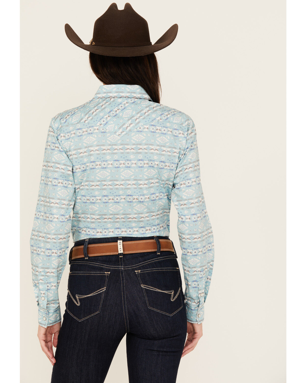 Image #4 - Rough Stock Women's Southwestern Print Long Sleeve Pearl Snap Stretch Western Shirt, Turquoise, hi-res