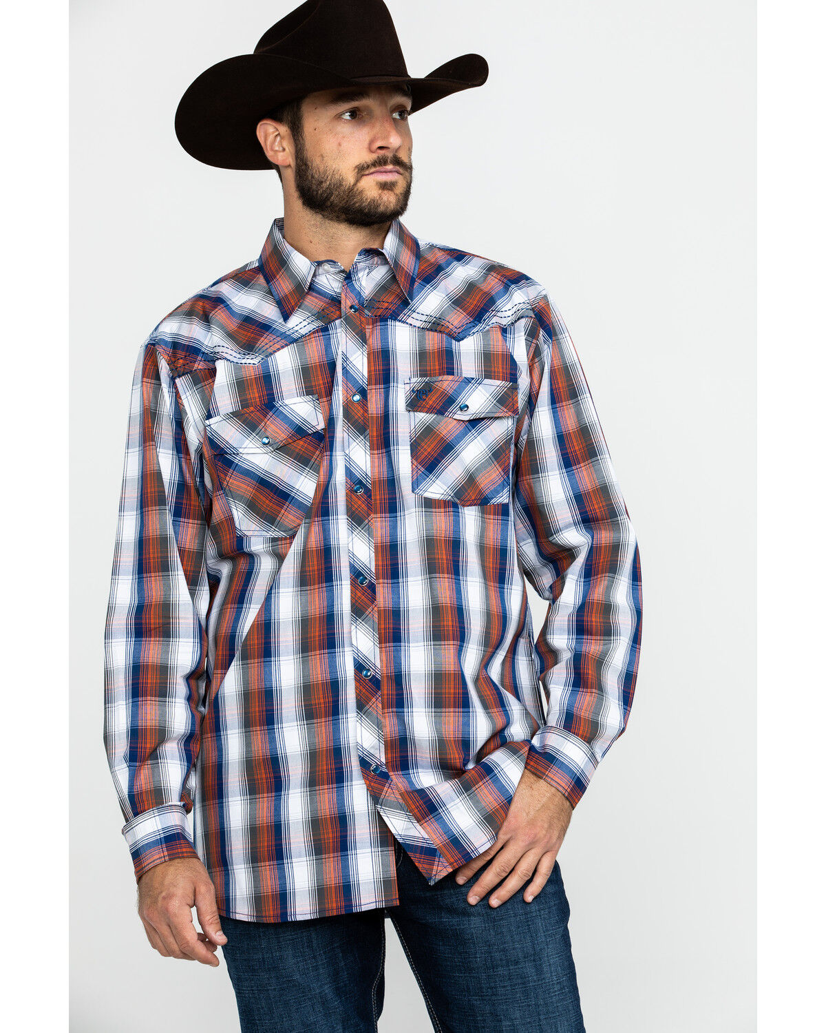 Image #1 - Cowboy Hardware Men's Multi Large Plaid Long Sleeve Western Shirt, Orange, hi-res
