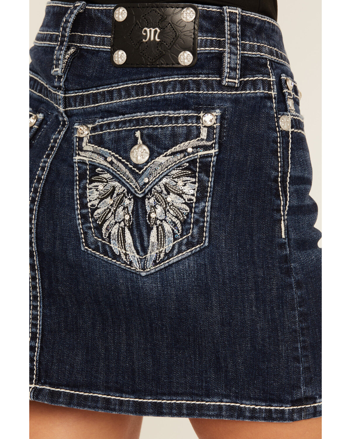 Image #4 - Miss Me Women's Dark Wash Embroidered Pocket Stretch Denim Mini Skirt, Dark Wash, hi-res