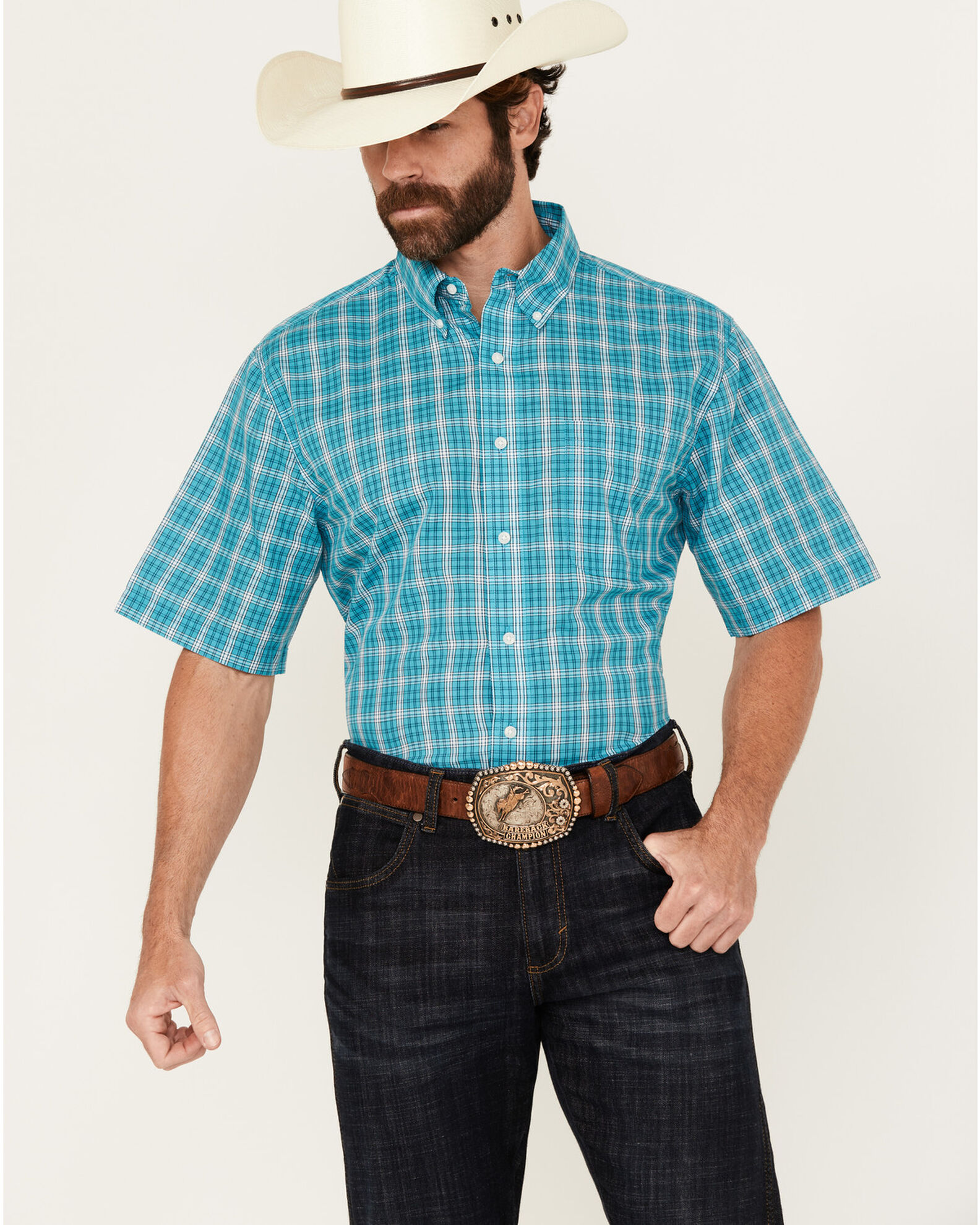 Wrangler Men s Riata Boot Barn Exclusive Assorted Plaid Print Short Sleeve Button Down Stretch Western Shirt Country Outfitter