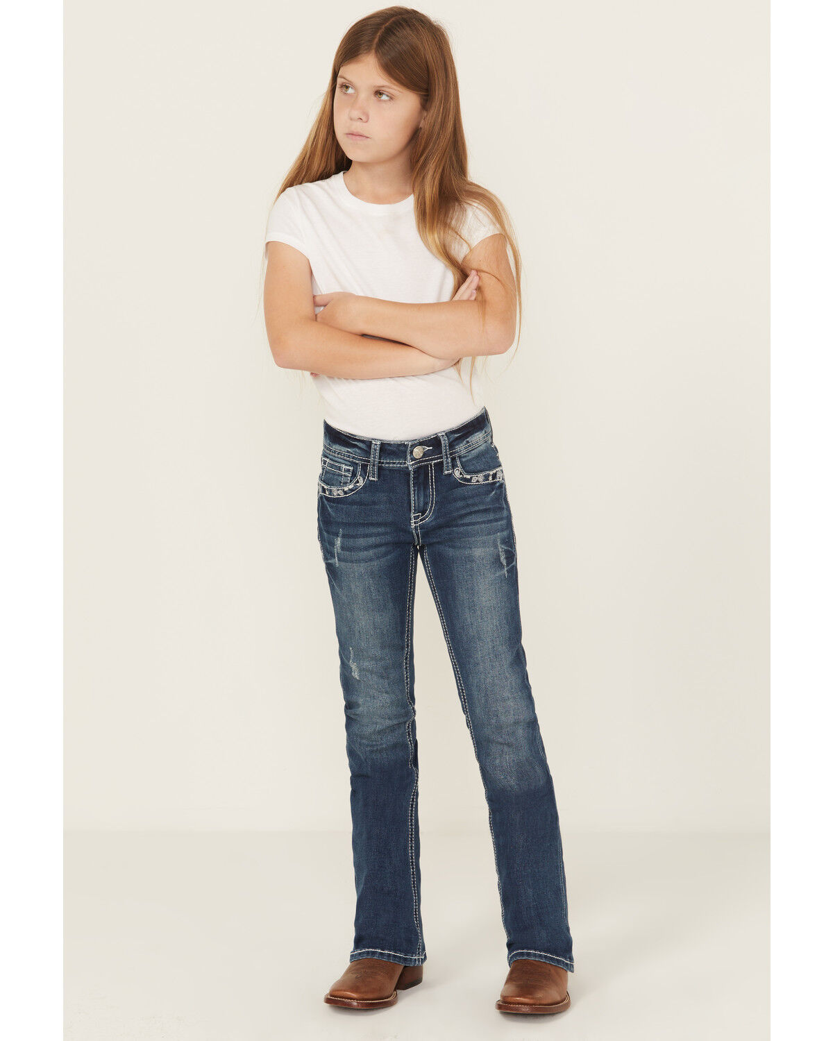 Image #3 - Grace In LA Girls' Paisley Embroidered Medium Wash Bootcut Stretch Denim Jeans, Medium Wash, hi-res
