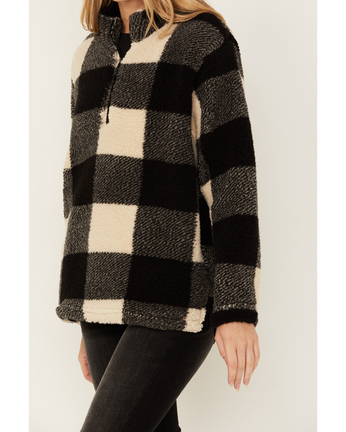 Image #3 - Stillwater Supply Women's Plaid Print Fleece Quarter Zip Pullover, Black/white, hi-res