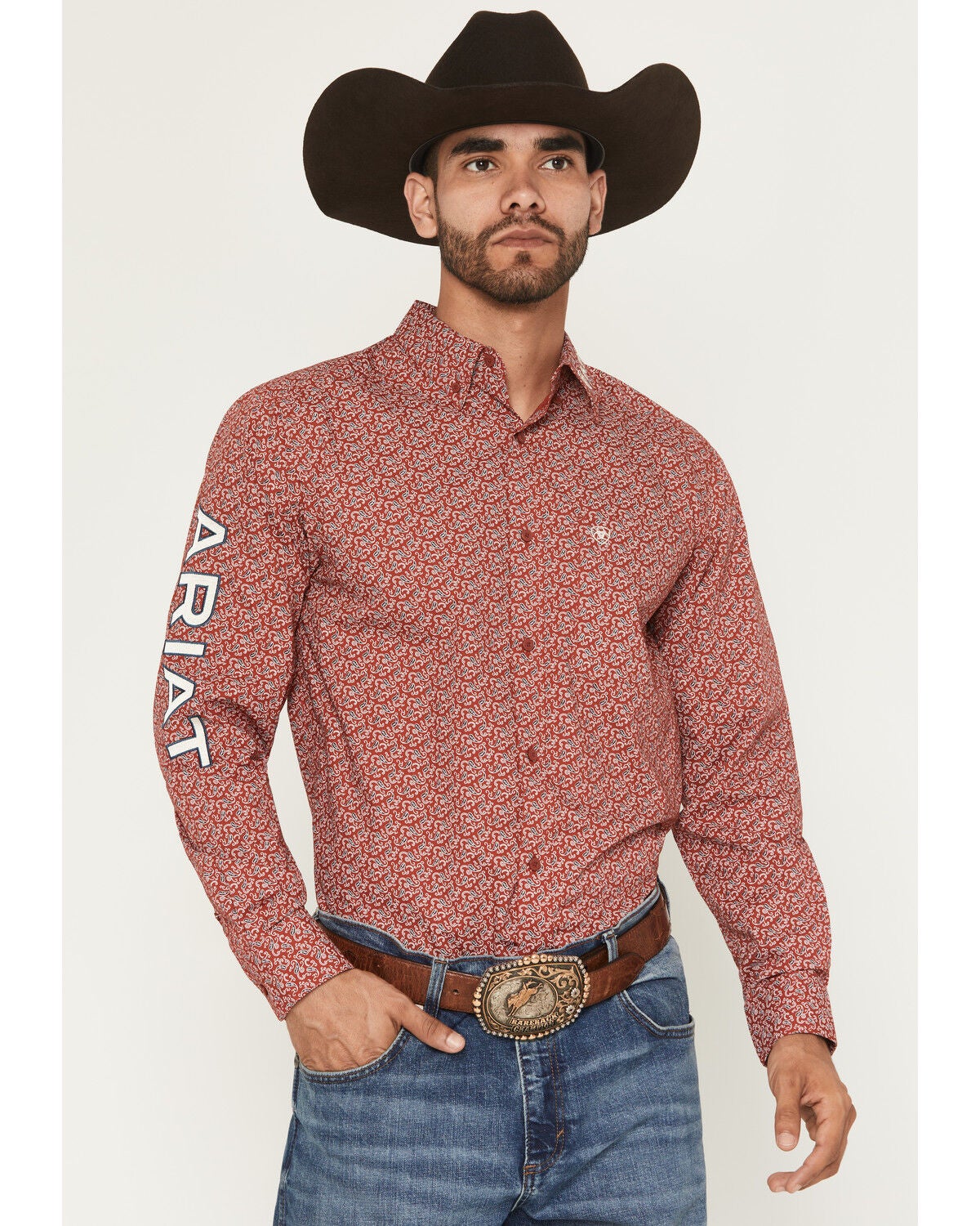 Ariat Men's Team Logo Paisley Print Long Sleeve Button-Down Western Shirt, Red, hi-res