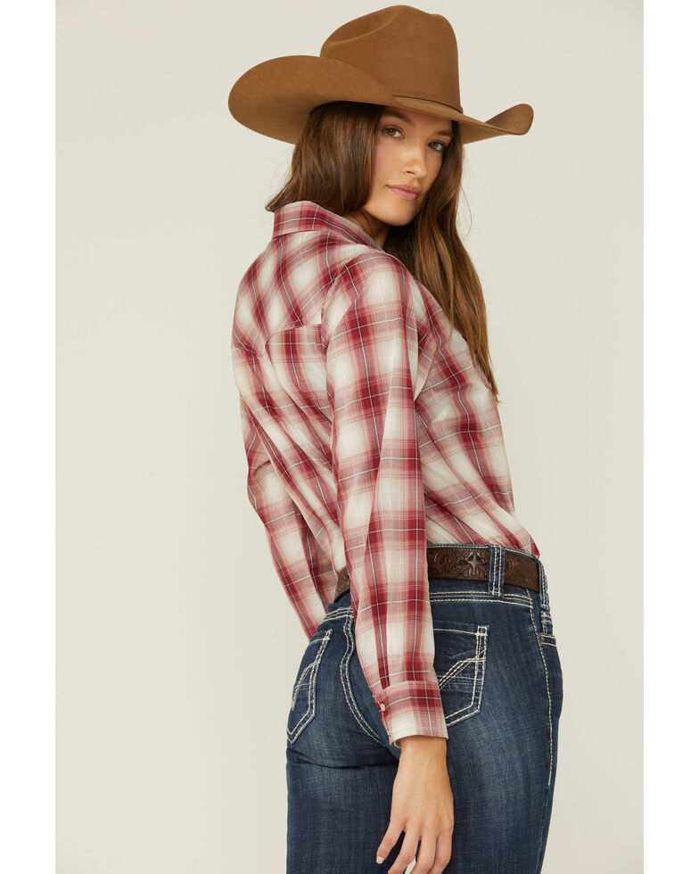 Cumberland Outfitters Women's Rust Ombre Plaid Western Shirt, Rust Copper, hi-res