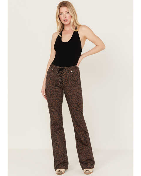 Wrangler X Fender Women's Leopard Print Lace-Up Denim Jeans, Brown, hi-res