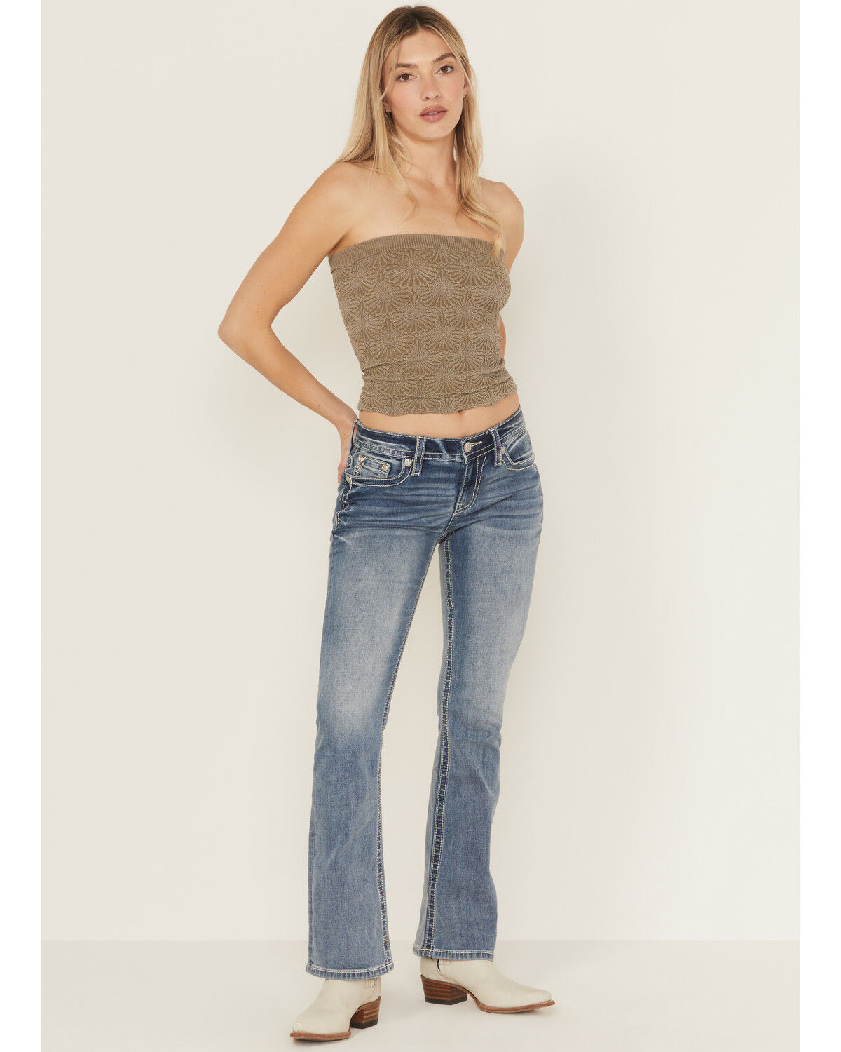 Image #3 - Miss Me Women's Medium Wash Mid Rise Americana Pocket Bootcut Stretch Denim Jeans, Medium Wash, hi-res