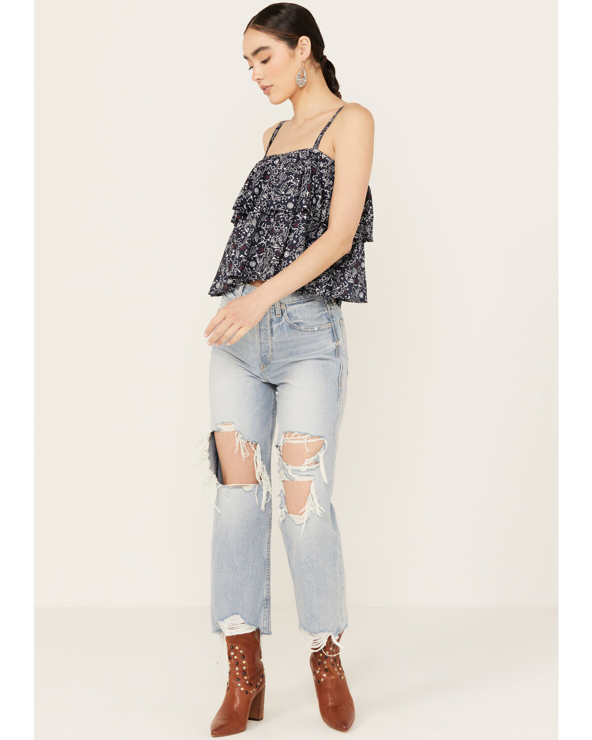 Image #1 - Ariat Women's Howdy Print Top, Navy, hi-res