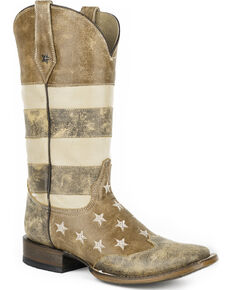 Roper Women's Brown Vintage American Flag Western Boots - Square Toe, Brown, hi-res