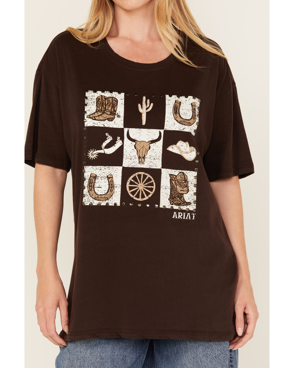 Image #3 - Ariat Women's Checkered Boyfriend Fit Short Sleeve Graphic Tee, Brown, hi-res