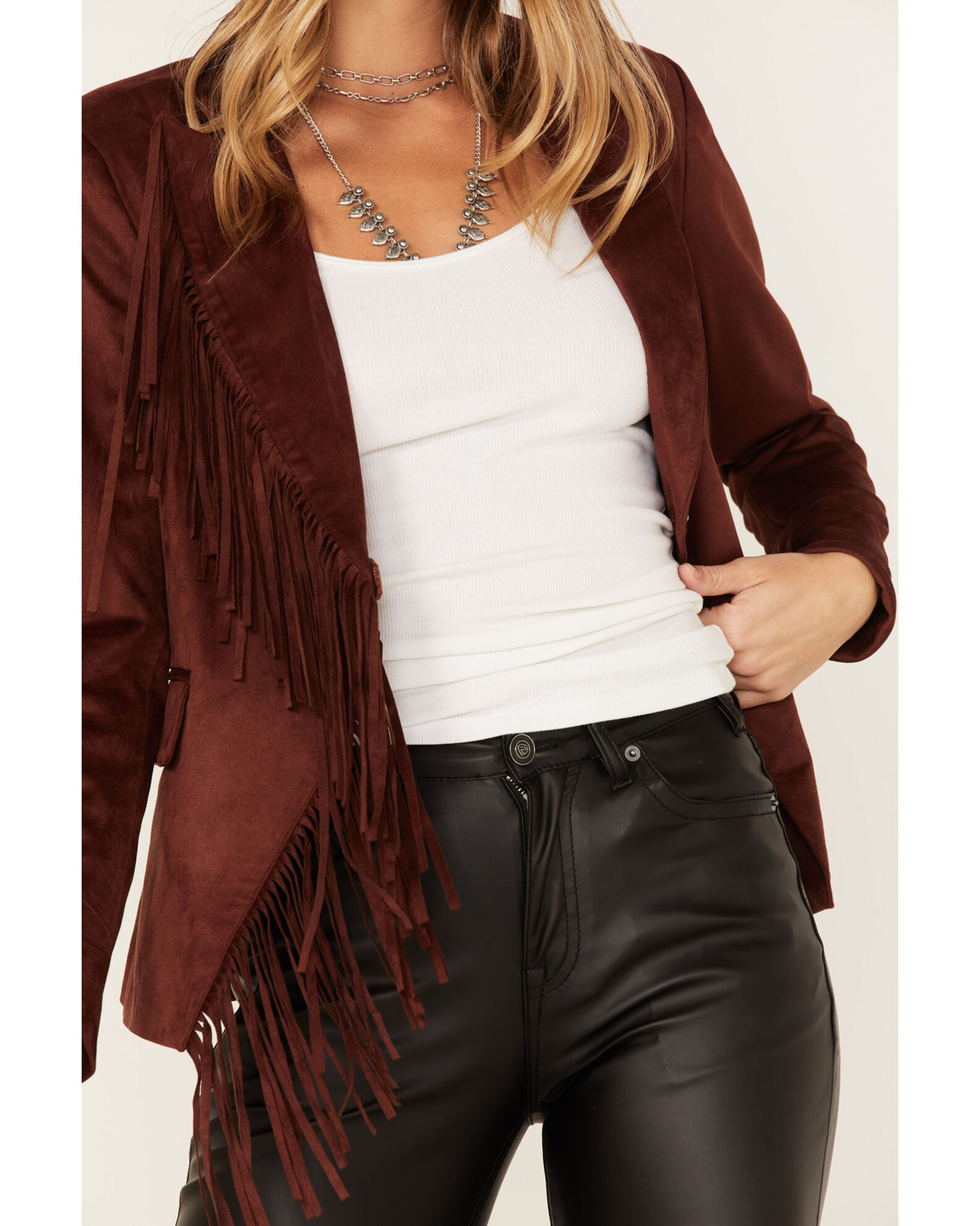 Image #3 - Shyanne Women's Fringe Faux Suede Blazer, Chestnut, hi-res