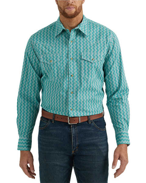 Wrangler 20X Men's Square Geo Print Long Sleeve Snap Stretch Western Shirt , Green, hi-res